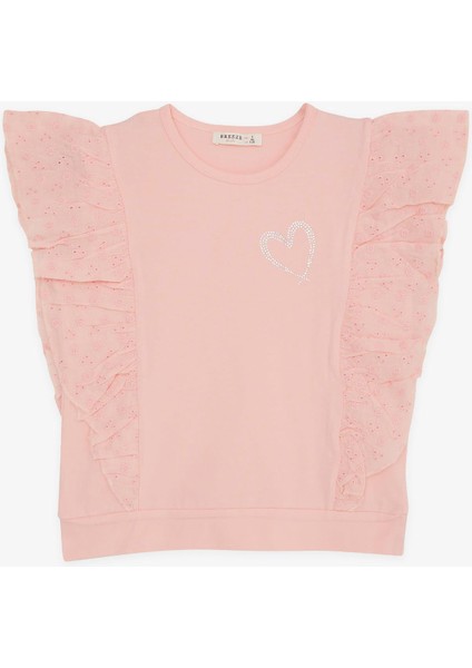 Kız Çocuk Tişört Taşlı Kalp Baskılı Güpürlü 6-12 Yaş, Somon