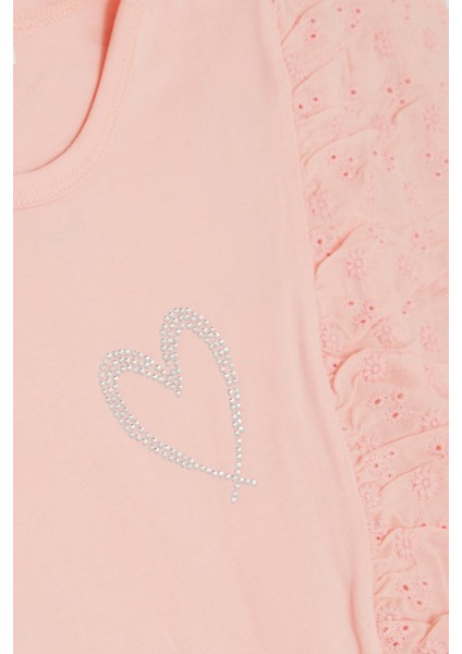 Kız Çocuk Tişört Taşlı Kalp Baskılı Güpürlü 6-12 Yaş, Somon modelleri