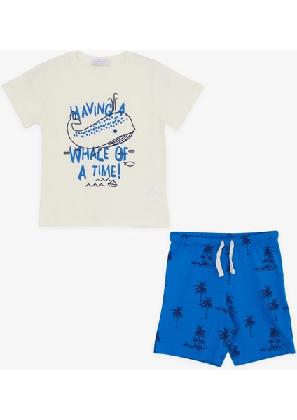 Macawı Erkek Çocuk Şortlu Takım Eğlenceli Balina Baskılı 1.5-5 Yaş, Krem