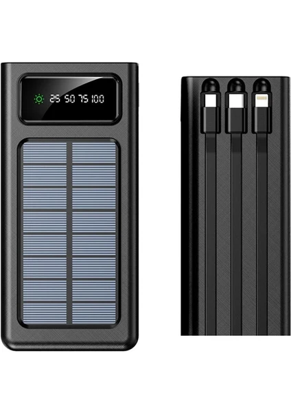 BN47 10000MAH Solar Powerbank LED Işıklı Dijital Ekranlı Type-C iPhone USB Micro USB Kablolu