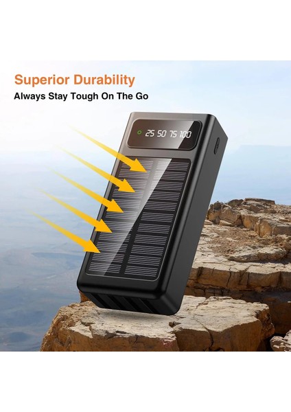 BN47 10000MAH Solar Powerbank LED Işıklı Dijital Ekranlı Type-C iPhone USB Micro USB Kablolu