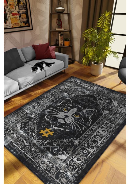 Kolye Hashtag Siyah Gri Salon Halısı Etnik Desenli Halı Kedi Figürlü Oturma Odası Halısı