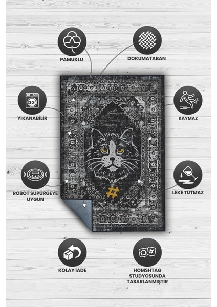 Kolye Hashtag Siyah Gri Salon Halısı Etnik Desenli Halı Kedi Figürlü Oturma Odası Halısı fırsatları
