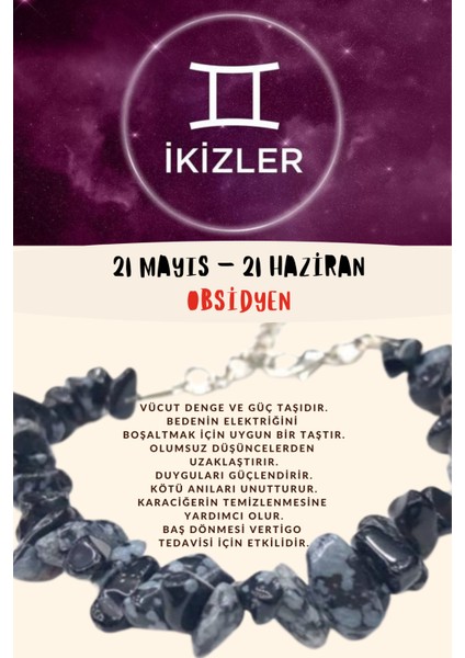 Sertifikalı Burç Taşı Ikizler Burcu Obsidyen Taşı Bileklik
