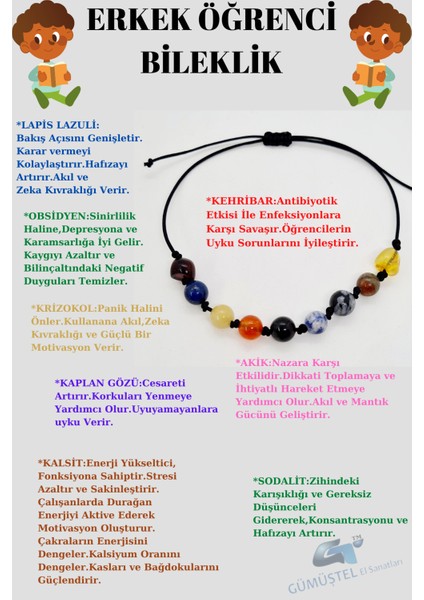 Erkek Öğrenci Bileklik Lapis Lazuli Kehribar Sodalit Kalsit Kaplan Gözü Krizokol Akik Obsidyen