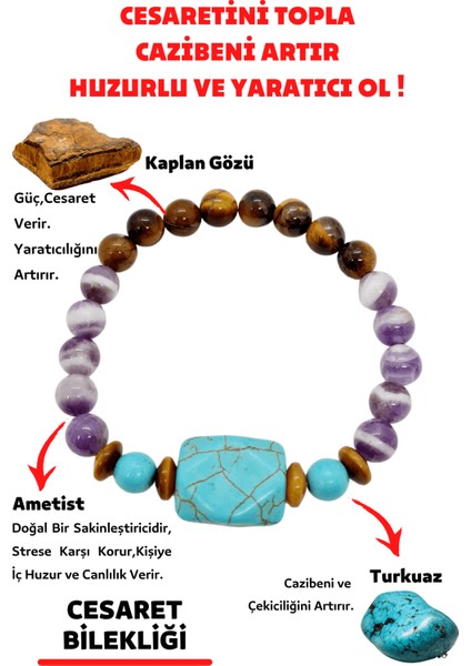 Doğal Taş Cazibe, Huzur Cesaret Bilekliği (Kaplan Gözü Ametist Turkuaz Doğaltaş Bileklik)