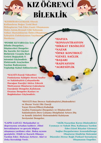 Kız Öğrenci Bileklik Kehribar Pembe Kuvars Kalsit Havlit Lapis Lazuli Akik