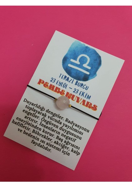 Terazi Burcu Pembe Kuvars Doğal Taş Ip Burç Bilekliği