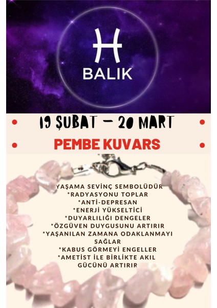 Sertifikalı Burç Taşı Balık Burcu Pembe Kuvars Taşı Bileklik