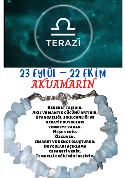Sertifikalı Burç Taşı Terazi Burcu Akuamarin Taşı Bileklik
