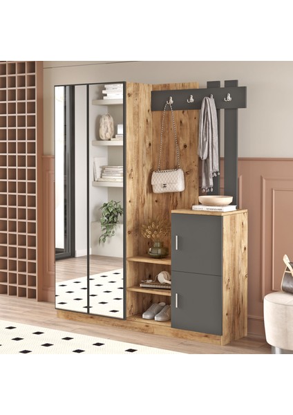Wood Aynalı Askılı Vestiyer Portmanto Ayakkabılık Çam-Antrast Gri