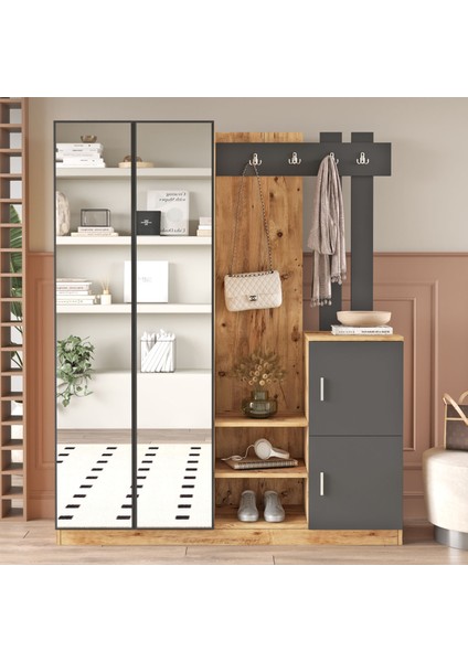 Wood Aynalı Askılı Vestiyer Portmanto Ayakkabılık Çam-Antrast Gri