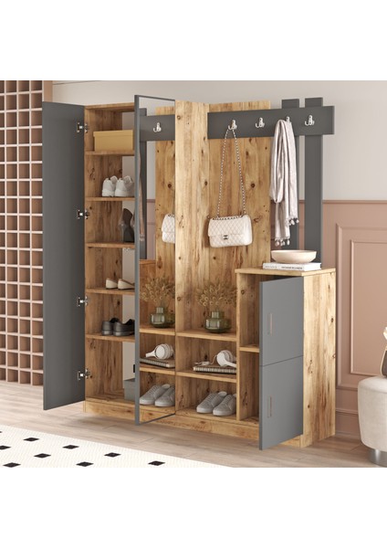 Wood Aynalı Askılı Vestiyer Portmanto Ayakkabılık Çam-Antrast Gri