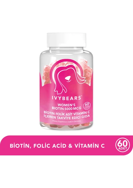 Women's Biotin Çiğnenebilir Saç Vitamin 5000Mcg, Folik Asit, Vitamin C, Çinko, Vegan, 60 Adet, 30 Günlük