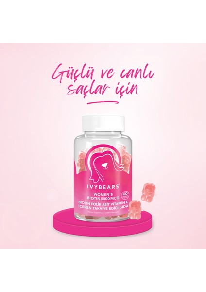 Women's Biotin Çiğnenebilir Saç Vitamin 5000Mcg, Folik Asit, Vitamin C, Çinko, Vegan, 60 Adet, 30 Günlük