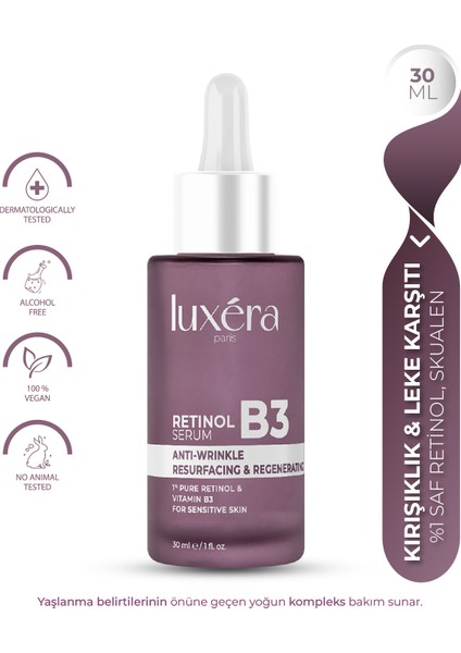 %1 Saf Retinol Içerikli, ve , Hassas Ciltlere Uygun, , Besleyici, Nemlendirici Vegan Retinol Serum (Vitamin B3 + Hyaluronic Acid + Witch Hazel)