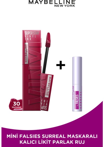 Maybelline New York Super Stay Vinyl Ink Likit Parlak Ruj 30 Unrivaled Mini Falsies Surreal Maskara Li