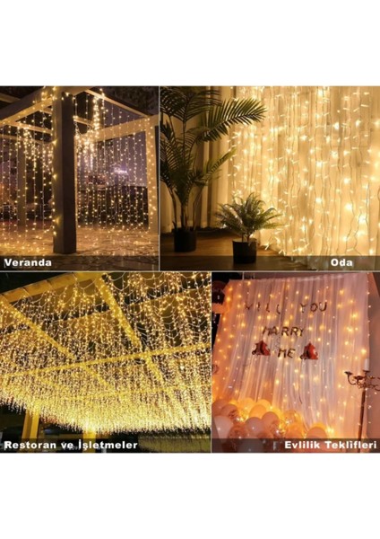 Kumandalı 8 Ayrı Moda Sahip 3 m x 3 m 300 cm x 300 cm Perde LED 10 Saçaklı Gün Işığı Mrr-5