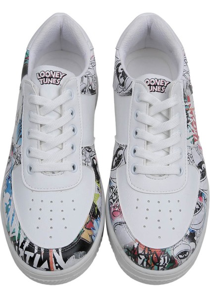 Kadın Vegan Deri Beyaz Sneakers - Warner Bros Marvin the Martian Stencil Tasarım