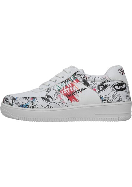 Kadın Vegan Deri Beyaz Sneakers - Warner Bros Marvin the Martian Stencil Tasarım fiyatları