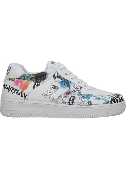 Kadın Vegan Deri Beyaz Sneakers - Warner Bros Marvin the Martian Stencil Tasarım indirimleri