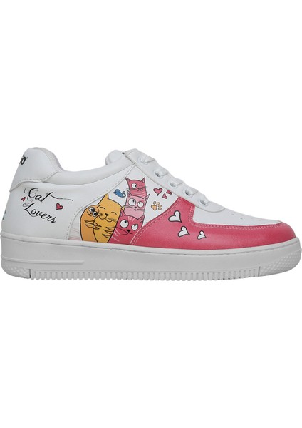 Kadın Vegan Deri Beyaz Sneakers - Cat Lovers Tasarım