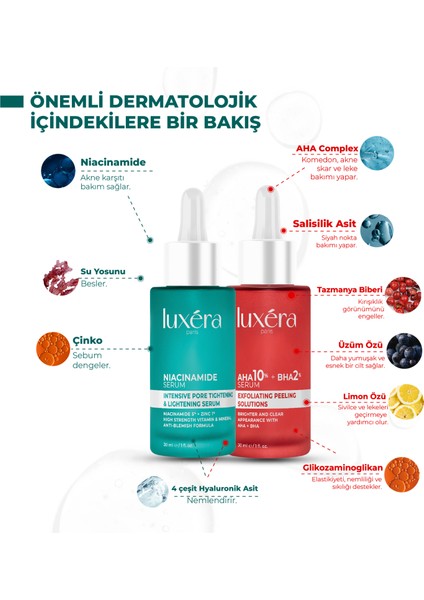 , Temizleyici, & Leke , Siyah Nokta & Komedon , Cilt Kusursuzlaştırıcı Vegan Bakım Seti (Aha+Bha Kırmızı Peeling Serum + Niacinamide Serum) fiyatları