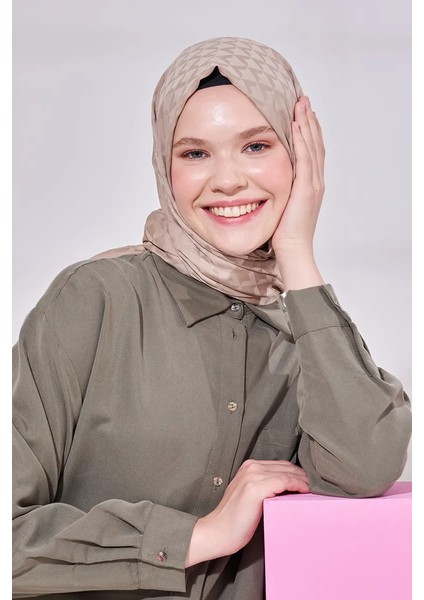 Ipeksi Jakar Lara Şal Geometrik Desen - Koyu Bej