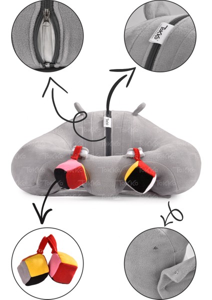 Tokko Oyuncaklı Bebek Oturma Destek Minderi - Devrilmez Bebek Koltuğu - Elyaflı Büyük Bebek Oturağı Gri