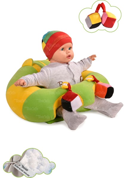 Oyuncaklı Bebek Oturma Destek Minderi - Devrilmez Bebek Koltuğu - Büyük Bebek Oturağı Yeşil Sarı