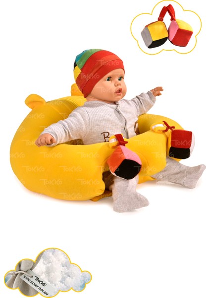 Oyuncaklı Bebek Oturma Destek Minderi - Devrilmez Bebek Koltuğu - Büyük Bebek Oturağı Sarı