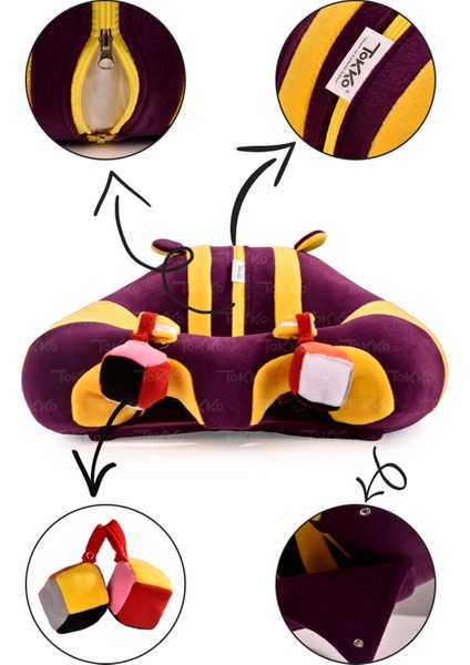 Oyuncaklı Bebek Oturma Destek Minderi - Devrilmez Bebek Koltuğu - Büyük Bebek Oturağı Mor Sarı