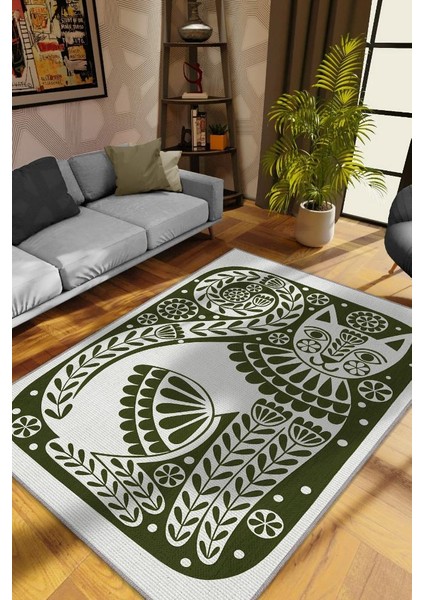 Çinili Kedi,Yeşil Renkli Kedi Desenli Modern,Dokuma Taban Yıkanabilir Bej Kedi Sever Halısı