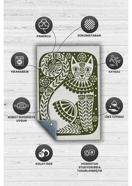 Çinili Kedi,Yeşil Renkli Kedi Desenli Modern,Dokuma Taban Yıkanabilir Bej Kedi Sever Halısı