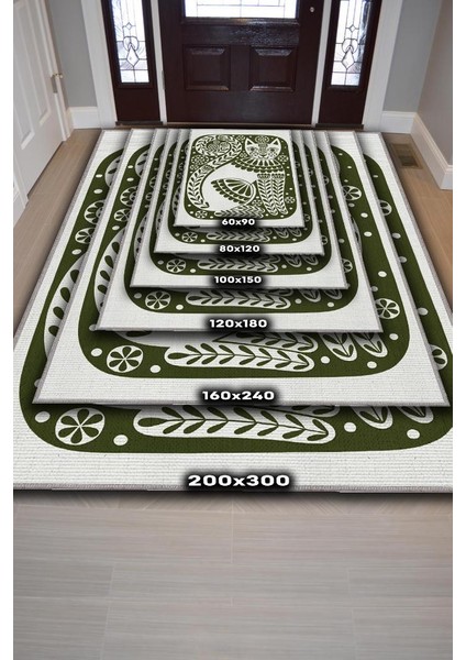 Çinili Kedi,Yeşil Renkli Kedi Desenli Modern,Dokuma Taban Yıkanabilir Bej Kedi Sever Halısı