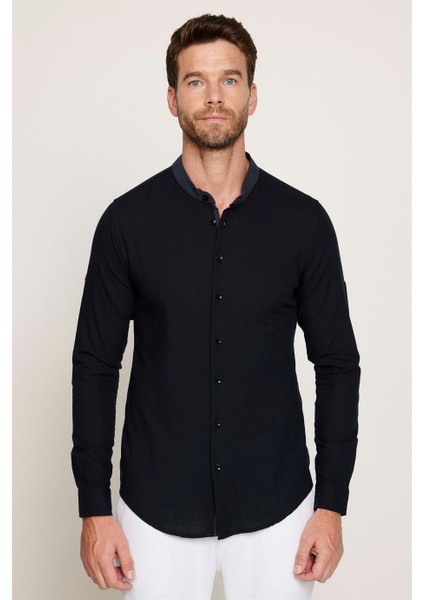 Slim Fit Düz Hakim Yaka Kol Apoletli Ketenli Erkek Siyah Gömlek