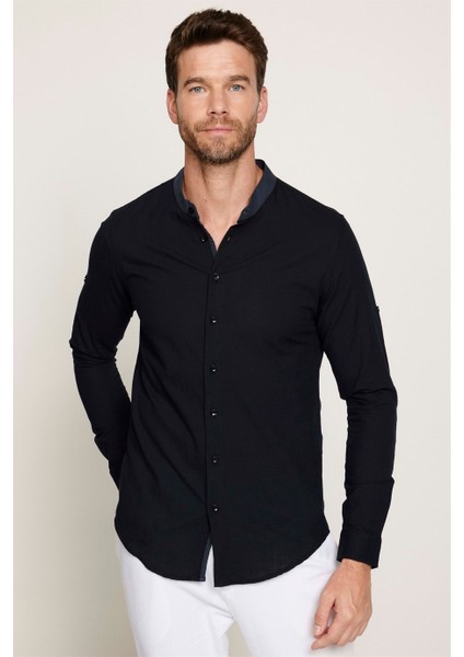 Slim Fit Düz Hakim Yaka Kol Apoletli Ketenli Erkek Siyah Gömlek fiyatları