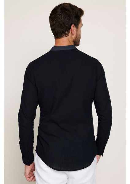 Slim Fit Düz Hakim Yaka Kol Apoletli Ketenli Erkek Siyah Gömlek indirimleri