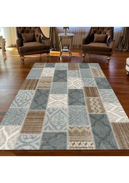Ilyaki Home Chaya Desenli Kadife Pamuk Tabanlı Yıkanabilen Kaydırmaz Salon Halısı