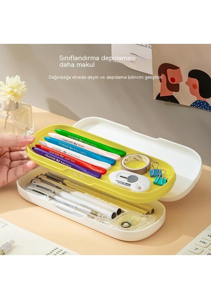 Japon Kalem Kutusu Çift Katmanlı Kalem Kutusu Çok Fonksiyonlu Kalem Çantası Basit Saklama Kutusu Büyük Kapasiteli Çocuk Kırtasiye Kutusu (Yurt Dışından)