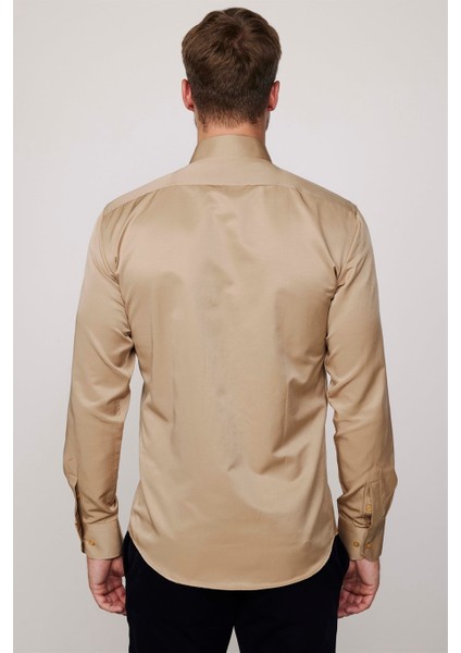 Modern Slim Fit Düz Saten Pamuklu Erkek Krem Gömlek indirimleri