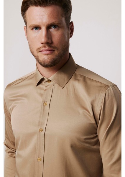 Modern Slim Fit Düz Saten Pamuklu Erkek Krem Gömlek