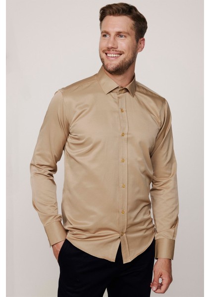 Modern Slim Fit Düz Saten Pamuklu Erkek Krem Gömlek modelleri