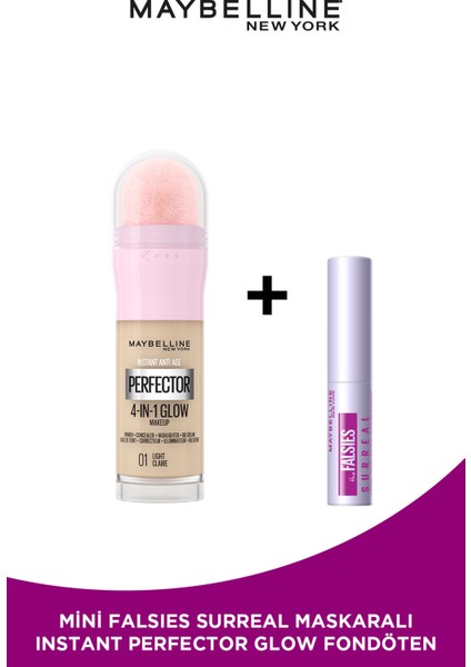 Super Instant Perfector Glow 4 Etki 1 Arada Fondöten- 01 Light Mini Falsies Surreal Maskara Hediyeli