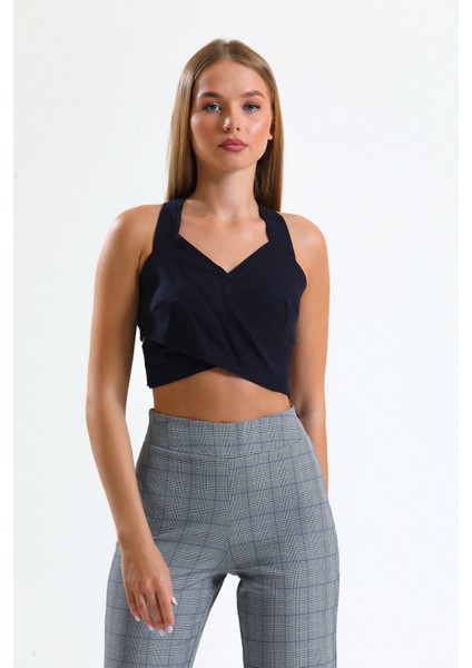 Sırtı Fermuarlı Onu Dekolteli Krep Bluz | BLZ14691 Lacıvert fiyatları