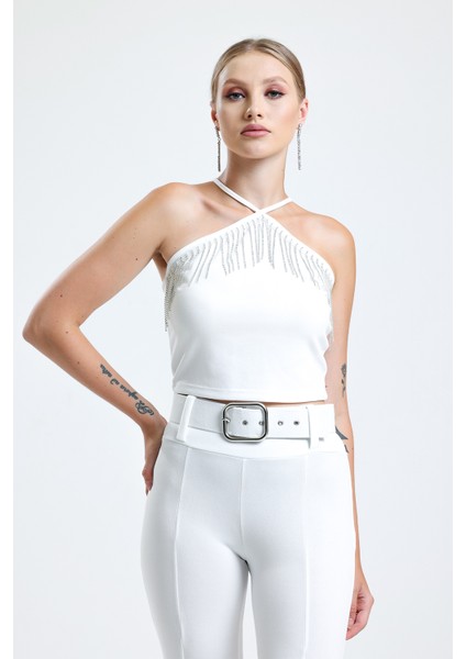 Göğüs Taşlı Zincir Şeritli Scuba Krep Bluz | BLZ34824 Beyaz fiyatları