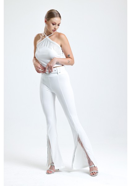 Göğüs Taşlı Zincir Şeritli Scuba Krep Bluz | BLZ34824 Beyaz fırsatları