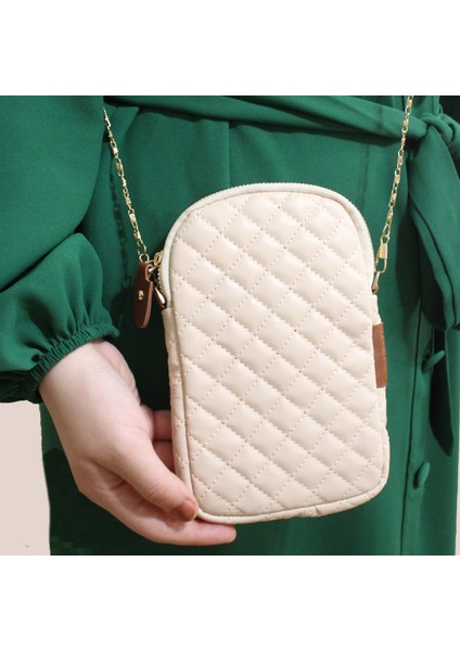 Yb Collection Kapitone Deri Kumaş Zincir Boyun Askılıklı Telefon Çantası Cüzdan Bej AL3943