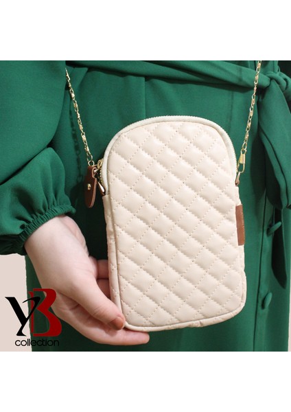 Yb Collection Kapitone Deri Kumaş Zincir Boyun Askılıklı Telefon Çantası Cüzdan Bej AL3943 fırsatları