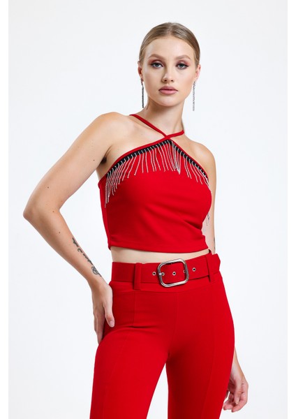 Göğüs Taşlı Zincir Şeritli Scuba Krep Bluz | BLZ34824 Kırmızı